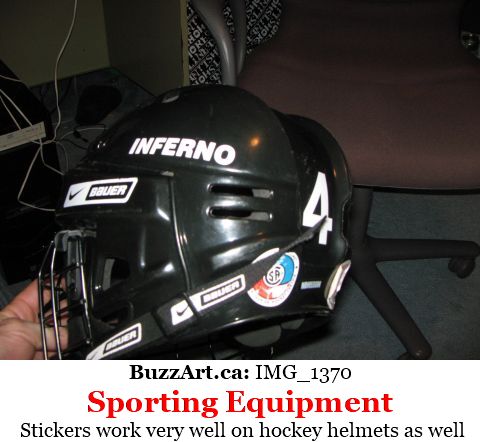 Stickers work very well on hockey helmets as well
